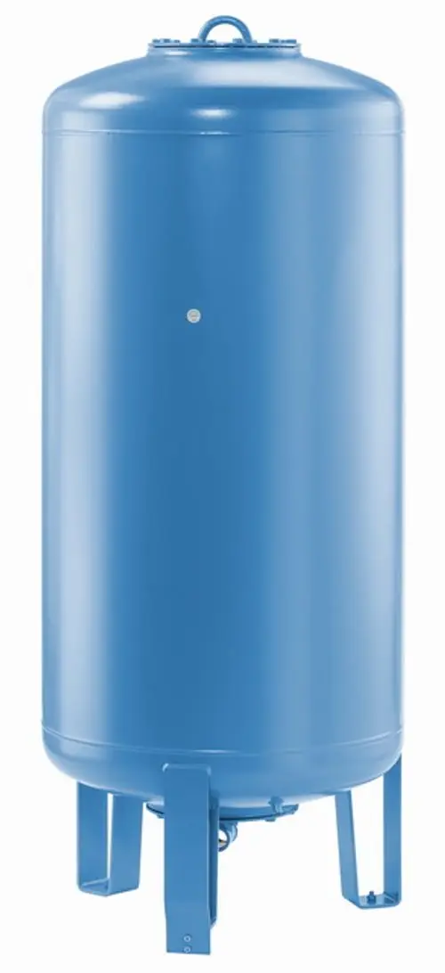 Blaues, zylindrisches Erweiterungsgefäß auf Füßen, hergestellt von IMI Hydronic Engineering, zur Druckregulation in Heizungsanlagen.